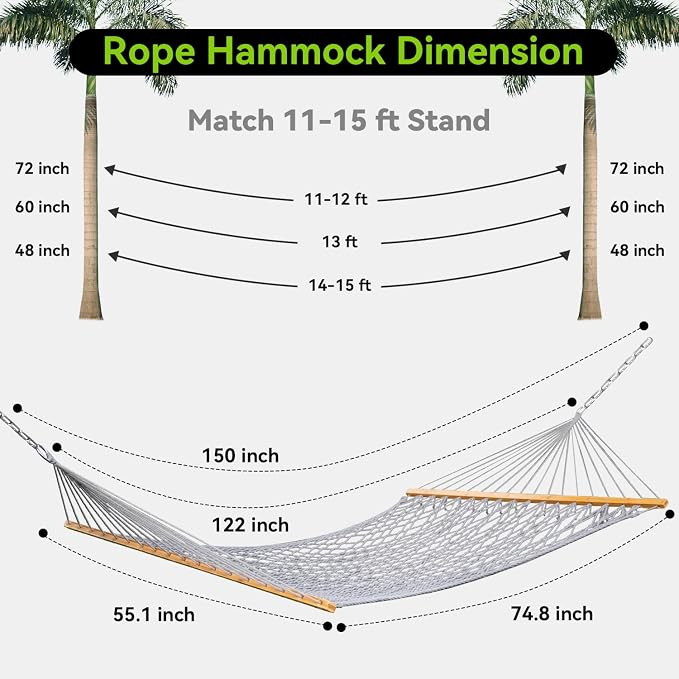 ANAGOO Double Hammock for 2 Person, Handwoven Rope Hammock with Spreader Bar Without Stand - Indoor & Outdoor Use for Patio, Poolside, Backyard (Grey)