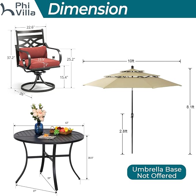 PHI VILLA Outdoor Dining Set with Umbrella for 4, 42" Metal Round Table & Wrought Iron Swivel Chairs, Patio Furniture with Red Cushions & Pillows for Deck, Porch