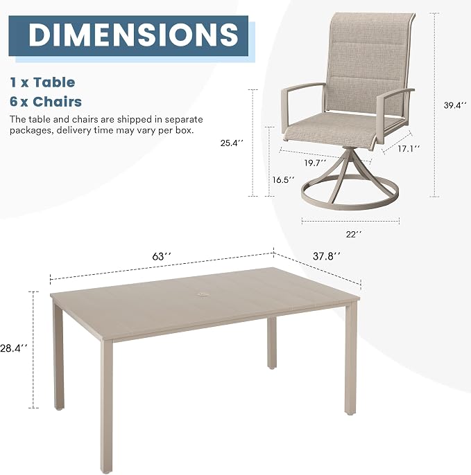 DIFY 7 Piece Outdoor Patio Dining Set for 6, 63" Rectangle Metal Dining Table and Swivel Patio Chairs with Padded Textilene, All-Weather Outdoor Furniture Set for Garden Backyard Porch, Sandshell