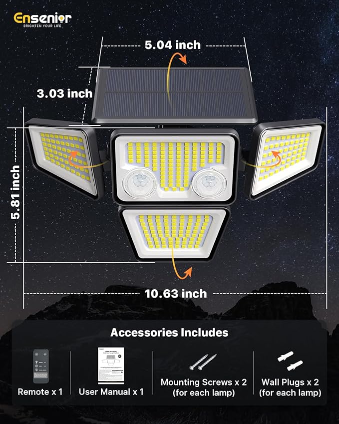 Ensenior Solar Lights Outdoor, Motion Sensor Outdoor Light with Remote Control, IP65 Waterproof 279 LED 4 Heads Solar Security Light with 4 Mode, 270° Wide Angle Solar Flood Light for outdoor, 3 Packs