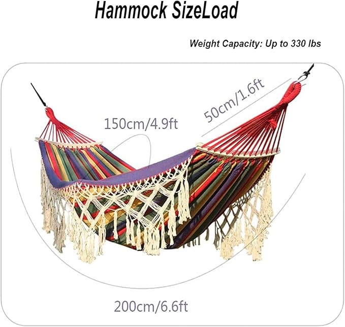 Camping Hammock with Tassels, Portable Canvas Double Hammock with Tree Straps, 108x59in Heavy Duty 330 lbs for Backyard Outdoor Beach Patio White