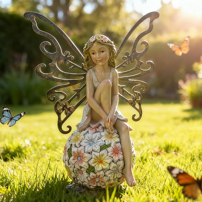 Suyorpe Solar Garden Fairy Statues Light Outdoor Decor - Fairies for Fairy Garden Housewarming Ornament for Patio, Lawn, Yard, Pathway Unique Gift Ideas for Gardening Mom Grandma 