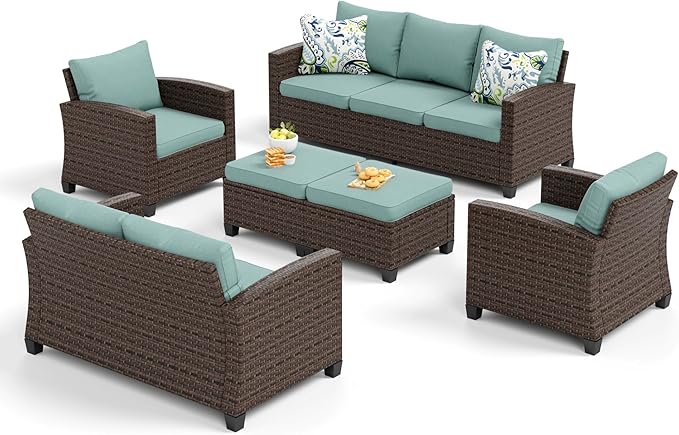 Patio Furniture Set Outdoor Furniture Brown Wicker Rattan Patio Conversation Sets with Cushion Outside Sofa Set,6 Pieces 9 Seats,Blue