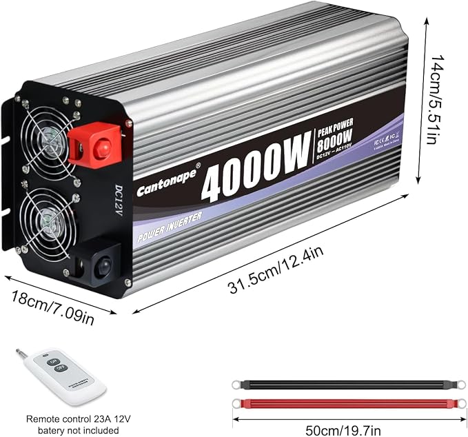 Cantonape 4000 Watt Power Inverter, Car Inverter 12V DC to 110V/120V AC Converter with LCD Display, 4 AC Outlets, USB Port & Remote Controller for RV, Truck, Off-Grid Solar System