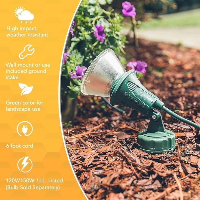 Woods Outdoor Floodlight Fixture with Stake (6-Feet Cord, 120V, Green) (2 Pack)