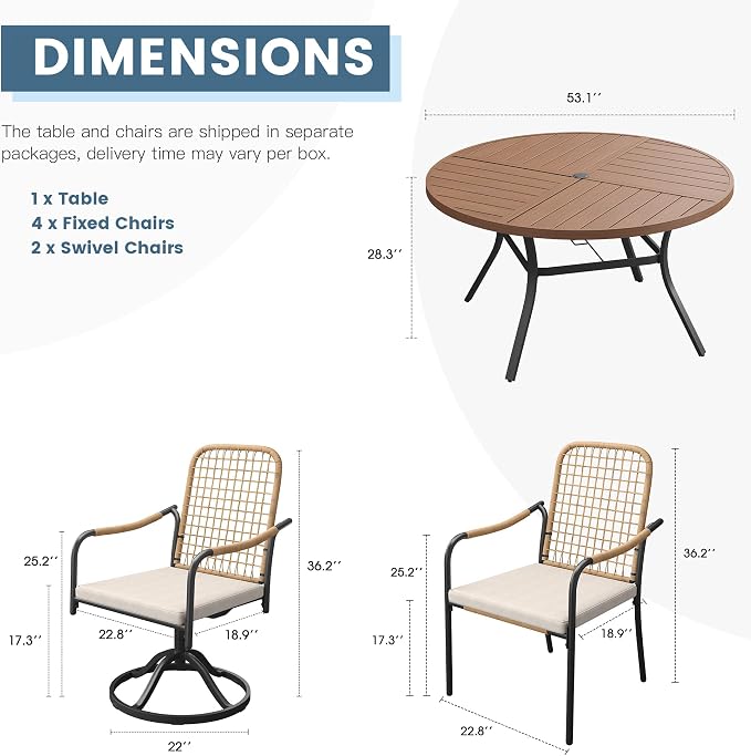 DIFY 7 Pieces Outdoor Dining Set for 6, 53.1" Walnut Round Metal Table with 4 Stackable Wicker Patio Chairs & 2 Swivel Chairs, Patio Furniture Set with Cushions and Umbrella Hole, Wheat Rattan