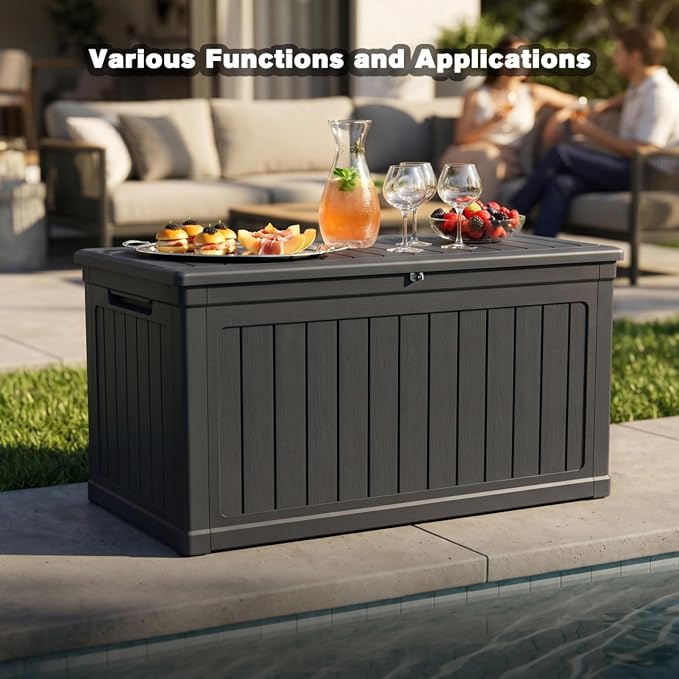 Large Outdoor Storage Deck Box, Resin Patio Container with Lockable Lid, Hydraulic Lift, Wood Texture Panels, Bench Table Function for Cushions Garden Tools Pool Gear Sports Equipment (230 Gallon)