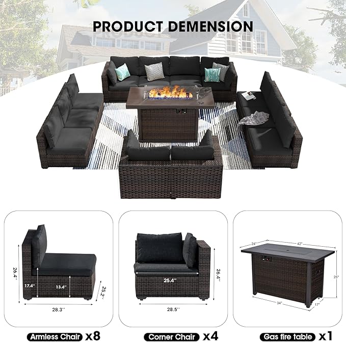 13 Piece Patio Furniture Set with Fire Pit Table All Weather PE Rattan Outdoor Sectional Sofa Couch with No-Slip Cushions for Garden, Poolside, Backyard (Black)