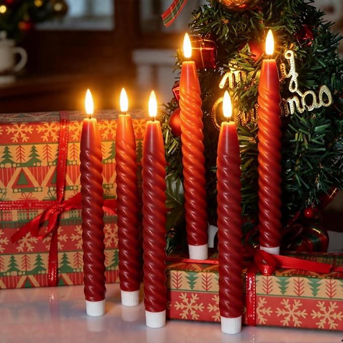 Flameless Taper Candles Real Wax Flickering with Remote Timer, Brownish Red 3D Wick LED Spiral Candles Battery Operated 6 Pack 9.8 inch, Wedding Birthday Home Party Holiday Dinner Decor