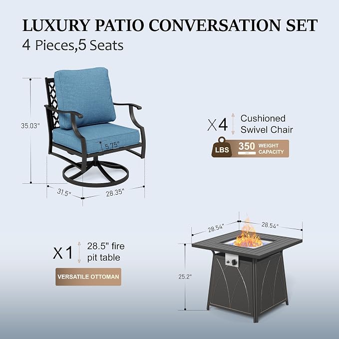 HERA'S HOUSE 5 Pieces Fire Pit Patio Furniture Set, 4 x Thick Cushioned Swivel Chairs with 28" Fire Pit Table (50,000 BTU), Outdoor Conversation Set for Garden Backyard Lawn, Navy Blue
