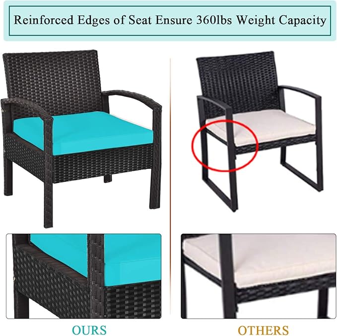 Tangkula 3 Pieces Patio Wicker Conversation Set, Outdoor Rattan Furniture with Washable Thick Cushion & Coffee Table w/Storage Space, Patio Furniture Set for Backyard Porch Garden Poolside (Turquoise)