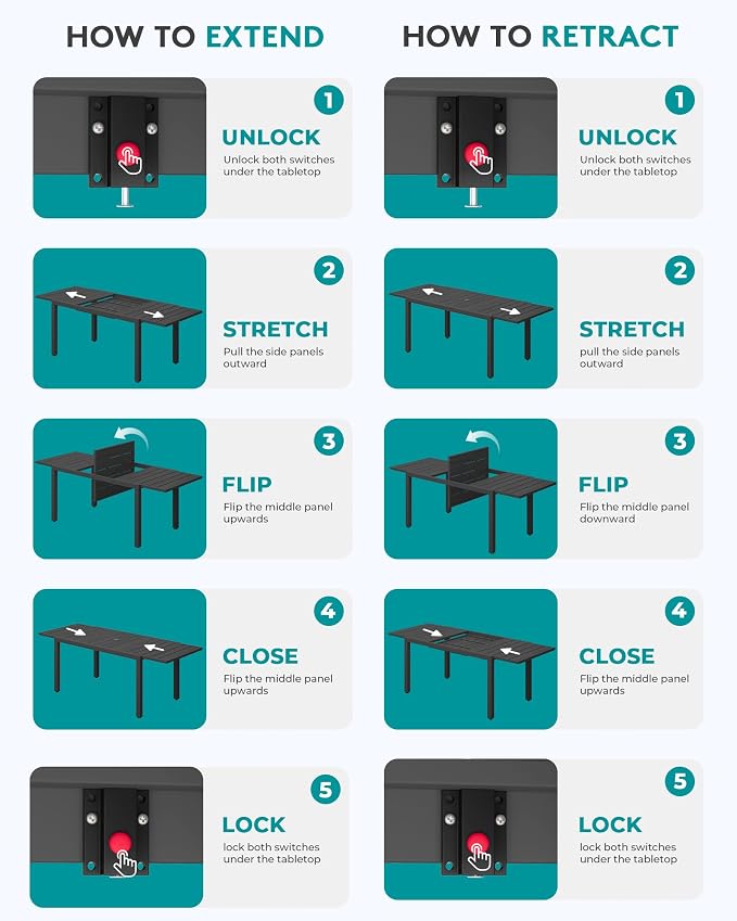 SERWALL 60" - 83" Expandable Outdoor Dining Table and 6 HDPE Chairs, Black | Outdoor Dining Set for 6, All Weather Aluminum and HDPE Outdoor Furniture Set, Extendable Patio Dining Table