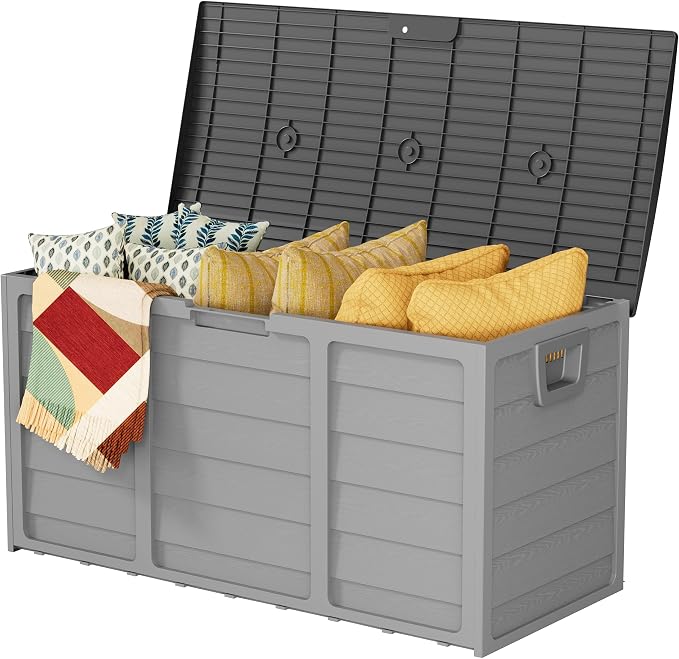 75 Gallon Outdoor Deck Storage Box, Heavy Duty Resin with Lockable Lid, UV Resistant for Patio Furniture, Garden Tools(Grey)