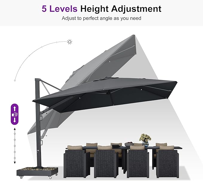 PURPLE LEAF 12' X 9' Space Saving Rectangle Large Patio Umbrella with Base Included Outdoor Aluminum Offset Umbrella with 360-degree Rotation Cantilever Umbrella for Garden Deck Backyard Pool Grey