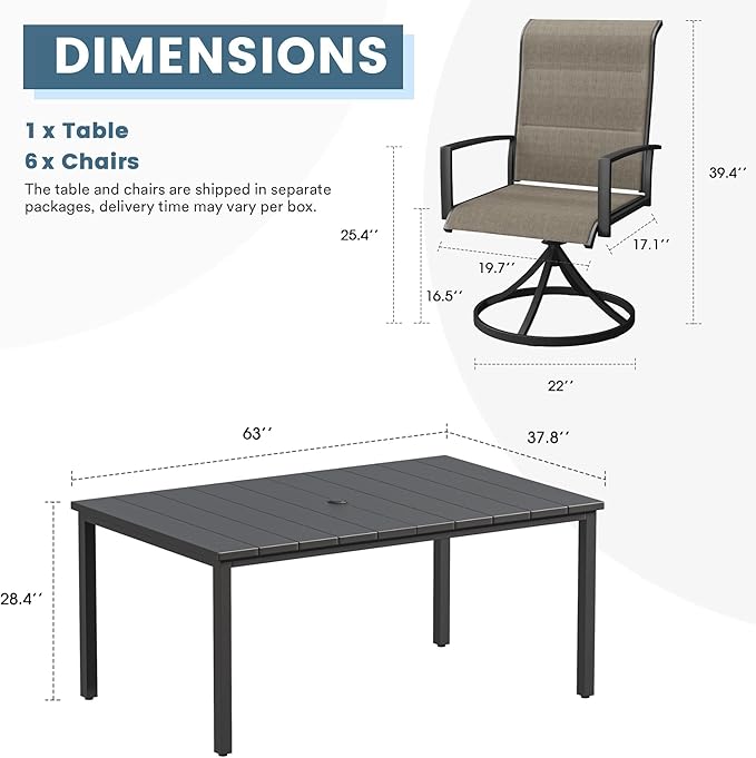 DIFY 7 Piece Outdoor Patio Dining Set for 6, 63" Black Rectangle Metal Dining Table and Swivel Patio Chairs with Brown Padded Textilene, All-Weather Outdoor Furniture Set for Garden Backyard Porch