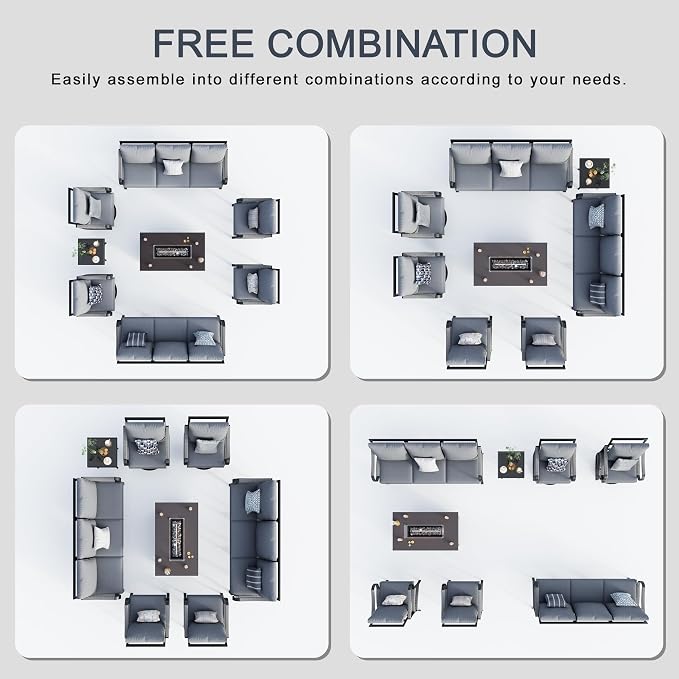 8 Pieces Patio Furniture Set, Metal Outdoor Conversation Sets with Fire Pit Table and Swivel Chairs for Backyard Garden Deck Porch Poolside (Thick Gray Cushions)