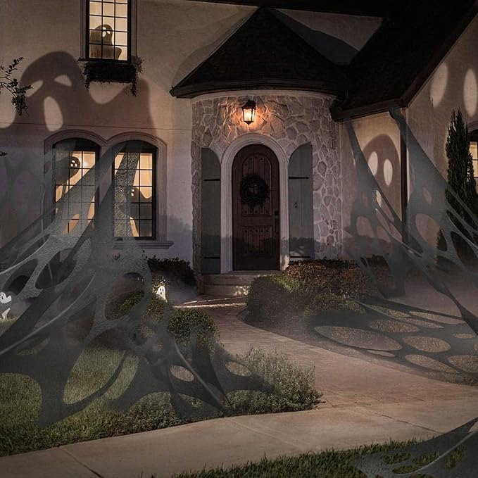 1000 Sqft (After Streched with Holes) Grey Uncut Giant Spider Web Halloween Decorations Outdoor with 10 Ground Nails Stretchy Beef Cloth Netting DIY Flexible Elastic for Yard Party Decor
