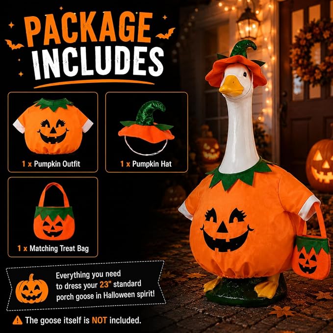 Halloween Porch Goose Outfits for 23'' Lawn Geese Statue, Pumpkin Porch Goose Outfit Costume with Witch Hat Candy Treat Bag, Outdoor Garden Goose Decor for Patio Yard Lawn Art Halloween Ornament