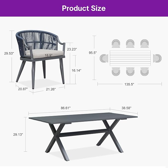 PURPLE LEAF 9 Pieces Outdoor Dining Set All Weather Wicker Patio Dining Set with Rectangular Aluminum Table and Modern Armrest Dining Chairs for Garden Deck Backyard Kitchen, Grey