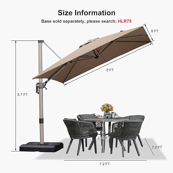 PURPLE LEAF 8’ X 8‘ Patio Umbrella Outdoor Cantilever Umbrella, Aluminum Offset Umbrella with Champagne Frame and 360° Rotation for Pool Deck Garden, Taupe