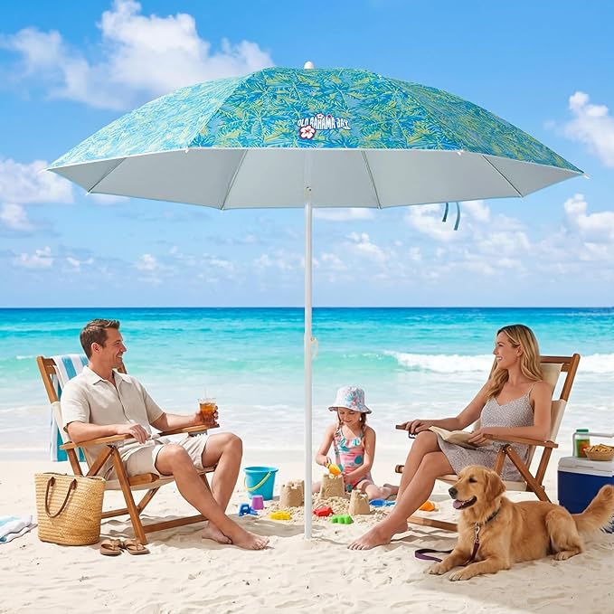 Old Bahama Bay 8ft Beach Umbrella with Screw Sand Anchor & Tilt Mechanism, UPF 50+ UV Protection, Windproof Heavy Duty Portable Sun Shelter with Carry Bag for Patio, Garden, Pool, Backyard, Palm Print