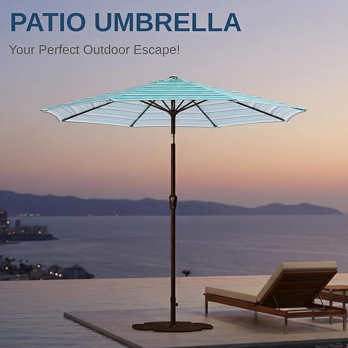 9ft Patio Umbrella with Push Button Tilt and Crank,Outdoor Market Table Umbrella UV Protection 8 Sturdy Ribs for Backyard,Garden,Pool,Deck(Blue Green Stripes)