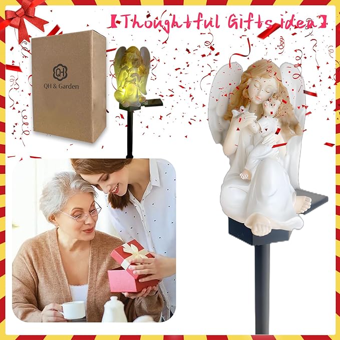 QH & Garden Angel Solar Garden Light - LED Waterproof Virgin Mary Statue Lights,Solar Powered Garden Stake Lights for Balcony, Yard, Lawn, Pathway, Walkway-Angel Statues Grave Decorations