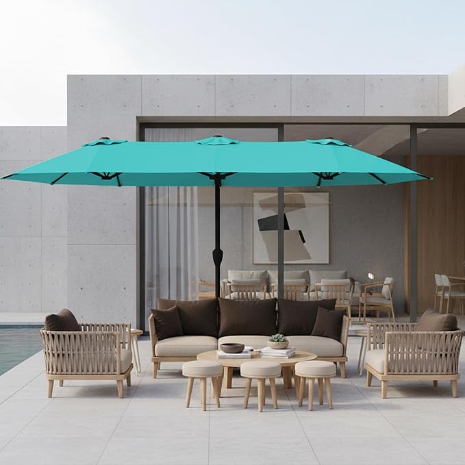 15FT Large Patio Umbrella with Base, Double Sided Rectangular Outdoor Umbrella with Sturdy Fiberglass Ribs, UPF 50+ Sun Protection, Wind-Resistant, Waterproof Fade-Resistant Fabric for Pool, Garden, Backyard, Deck(Peacock Blue)