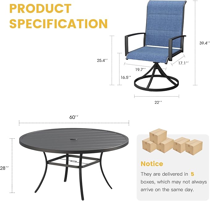 VICLLAX Outdoor Dining Set for 8, Outdoor Furniture Includes 60" Round Patio Table and Swivel Padded Chairs, Black Tabletop and Blue Fabric