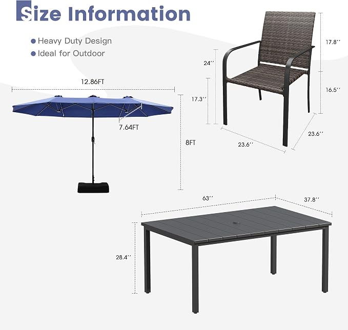 VICLLAX 8 Pieces Patio Dining Set with Blue Umbrella, 6 Stakable Wicker Outdoor Chairs and Metal Patio Table with Umbrella Hole for Backyard Lawn Deck, Black Tabletop
