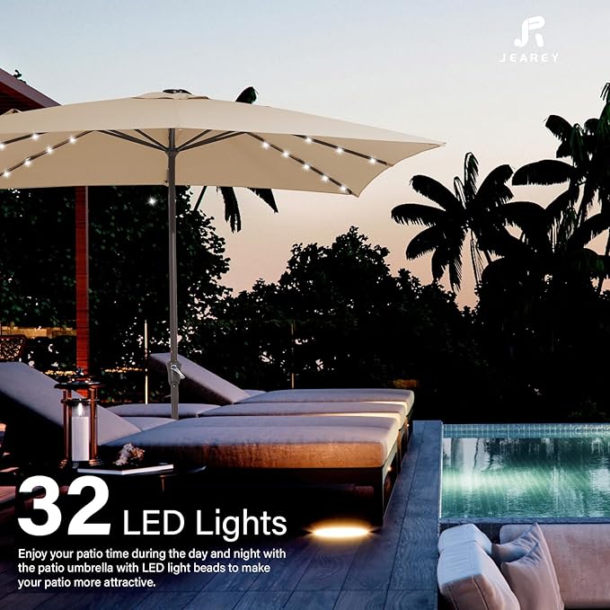 JEAREY 8x10 ft Rectangular LED Lighted Patio Umbrellas Outdoor Solar Table Market Umbrella w/Crank, 8 Sturdy Ribs, UV Protection Waterproof Sunproof(Beige)