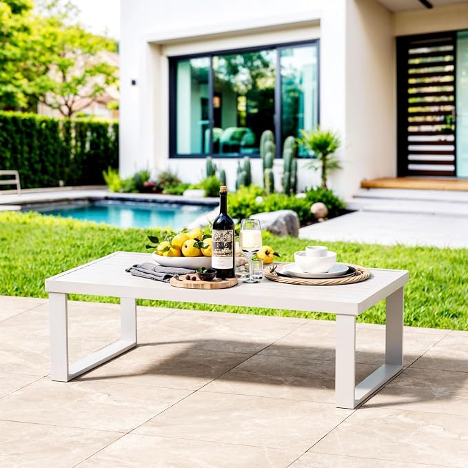 Aluminum Outdoor Patio Coffee Table for for Deck, and Poolside (White, All-Aluminum)