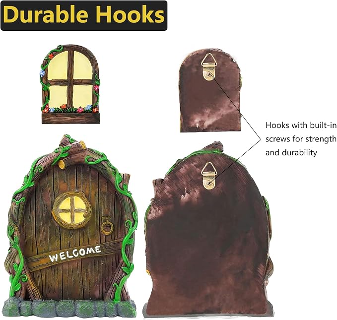 Miniature Fairy Garden Accessories: Glow in The Dark Fairy Door and Windows for Trees, Green Resin Garden Ornament with Lantern