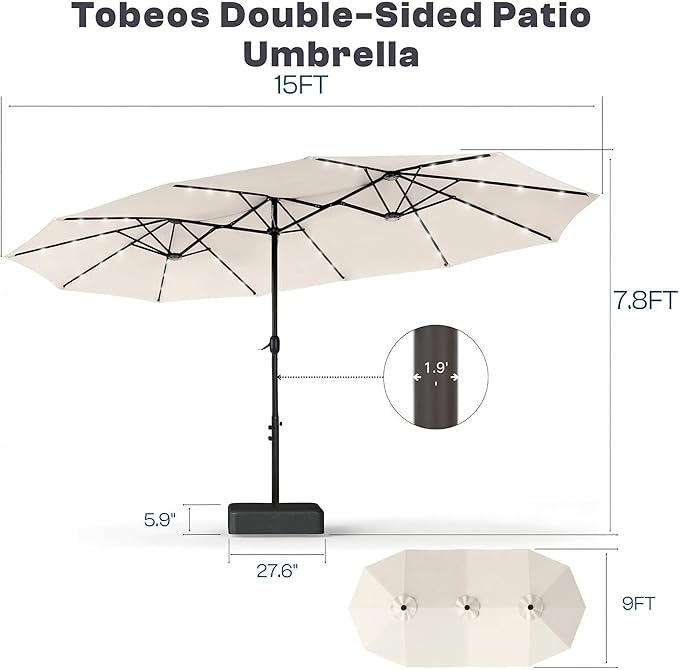 15ft Large Patio Umbrella with Solar Lights and Base, Double-Sided Outdoor Rectangle Umbrella with 48 LED Lights, Market Table Umbrellas with UV Resistant Canopy