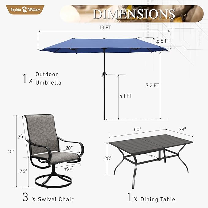 Sophia & William Patio Set with Umbrella 8 Pieces Outdoor Dining Set for 6 with 13ft Large Patio Umbrella Navy, 6 x Swivel Patio Chairs with 59" Dining Table for Lawn Garden