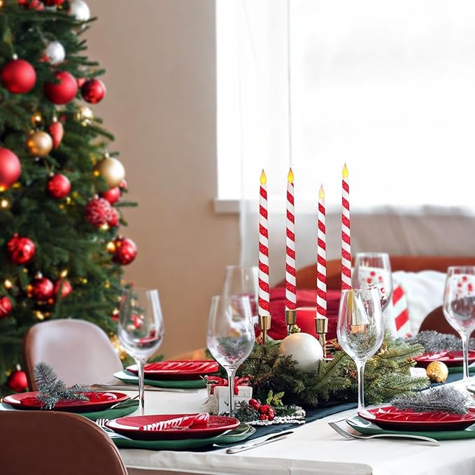 6PCS Christmas Flameless Taper Candles - Candy Cane Red and White Stripes Flickering Battery Operated LED Candles for Xmas Centerpiece Holiday Party, Wedding, Winter Home Decoration