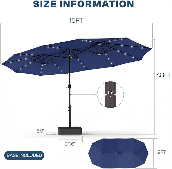 15FT Large Outdoor Patio Umbrella with Solar Lights and Base, Double-Sided Table Umbrellas with 48 LED Lights, Rectangle Market Umbrella for Pool, Deck, Backyard