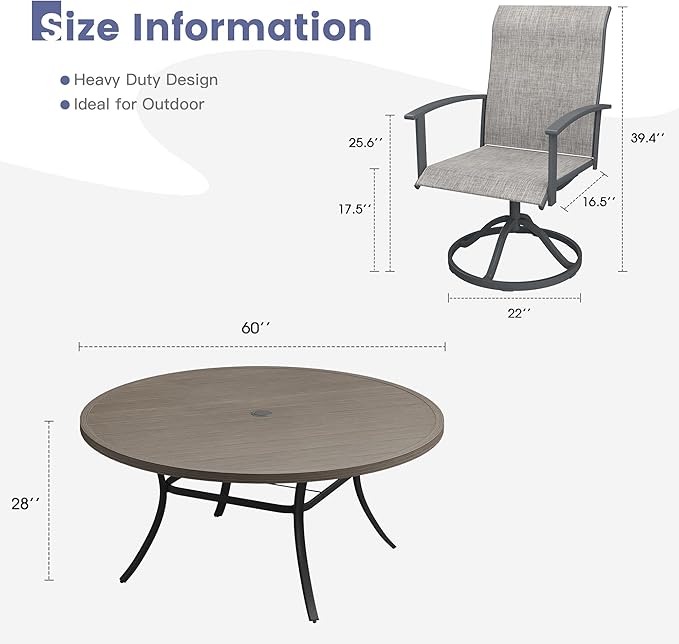 VICLLAX Outdoor Table and Chairs Set for 8, Patio Dining Set of 60" Metal Round Patio Table with Umbrella Hole & 8 Swivel Outdoor Dining Chairs for Backyard Lawn, Grey & Antique Grey