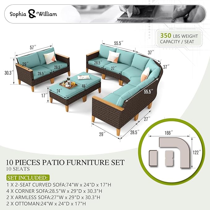 Sophia & William Outdoor Wicker Sectional Sofa Set, 10 Piece Half Moon Curved Patio Furniture Modern Round Outdoor Couch Conversation Set with Ottoman for Backyard, Pool, Garden(Aqua Blue)