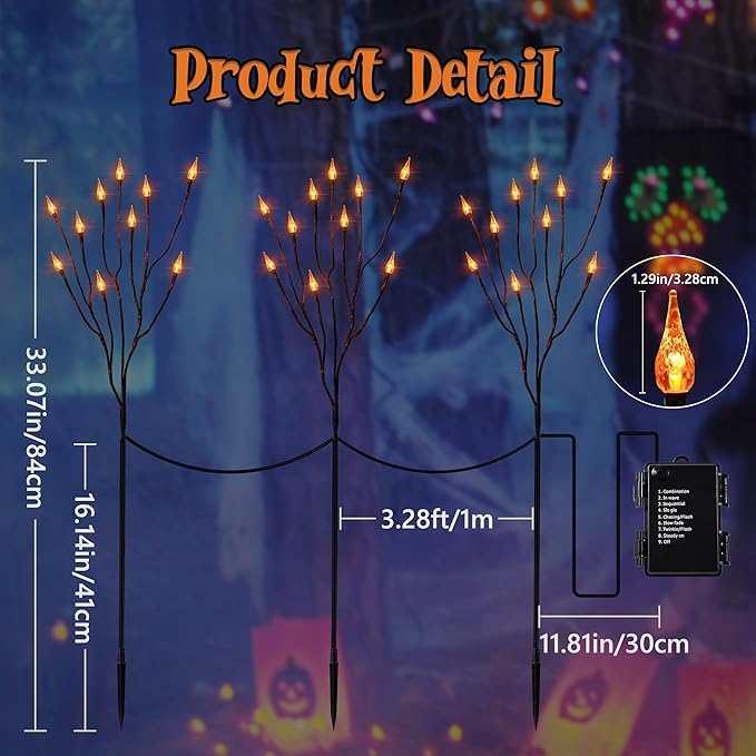 Brizled Halloween Pathway Lights, 7.54ft 3 Pack Candle Flame Orange Lights Outdoor with Timer, Battery Powered Halloween Light Waterproof Spooky Path Light for Path Yard Walkway Garden Thanksgiving