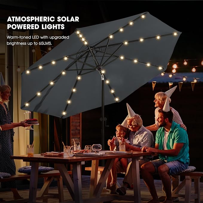 wikiwiki 10FT Solar Led Patio Umbrella with Base Included, 32 LED Lights, 8 Sturdy Ribs, Fade Resistant Waterproof POLYESTER DTY Canopy for Garden, Lawn, Deck, Backyard & Pool, Dark Gray