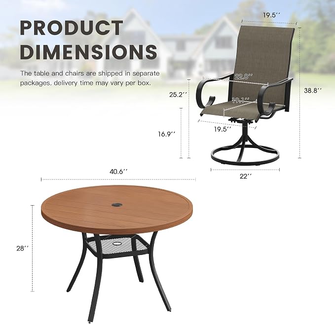 5 Pieces Patio Dining Set, 4 Outdoor Swivel Dining Chairs with 40.6" Round Metal Outdoor Dining Table with Umbrella Hole for Garden Backyard Deck, Mixed Brown & Walnut