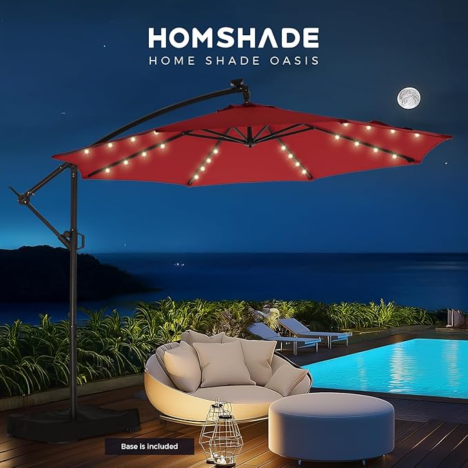 HOMSHADE 10ft Solar Lights Offset Cantilever Patio Umbrella - with Light and Base, LED Lighted Offset Hanging Patio Outdoor Market Umbrella UPF50+ UV Protection with Easy Tilt and Crank (Red)