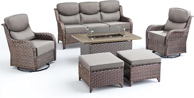 Luxury Patio Furniture Set with Fire Pit Table-6 Pieces All Weather Outdoor Swivel Rocker Chairs with Sofa and Ottomans. Outdoors Patio Conversation Sets for Porch Deck Garden Backyard(Brown/Grey)
