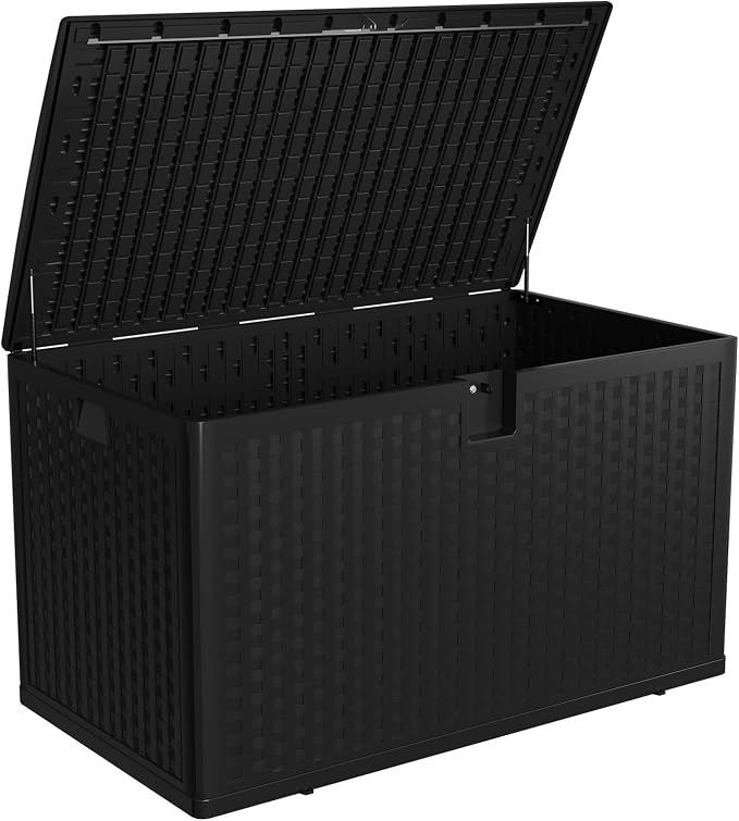 Patikuin 120 Gallon Outdoor Deck Storage Box with Hydraulic Gas Struts, Waterproof Resin Patio Container with Lockable Lid, Soft-Close, Handles & 600 Lbs Capacity Bench, Black