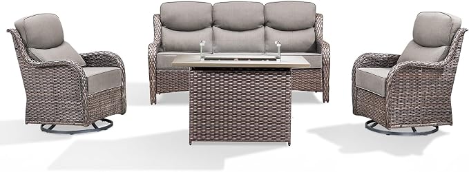 Luxury Patio Furniture Set with 6-inch Thick Cushion, Outdoor Furniture with Fire Pit Table, Swivel Chairs, Sofa, 4pcs Wicker Conversation Set for Deck Yard and Poolside(Brown Wicker/Grey Cushion)