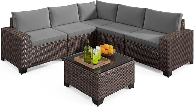 Gizoon 6-Piece Outdoor Patio Furniture Set, PE Wicker Rattan Sectional Sofa Conversation Set with Thickened Cushions and Coffee Table, All-Weather Patio Furniture for Garden, Backyard, Poolside, Grey