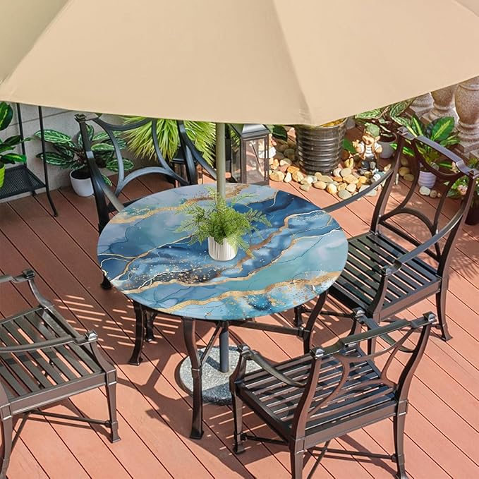 OSAM SPACE Outdoor Tablecloth with Umbrella Hole, Round Elastic Fitted Table Cloth with Invisible Zipper,Abstract Liquid Teal Blue Marble Picnic Patio Table Cover 45-56in