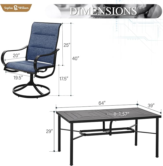 Sophia & William 7 Pieces Outdoor Patio Dining Set, 6 x Swivel Patio Dining Chairs and 64" Metal Dining Table, Outdoor Table and Chair Furniture Dining Set Support 300lbs(Blue)