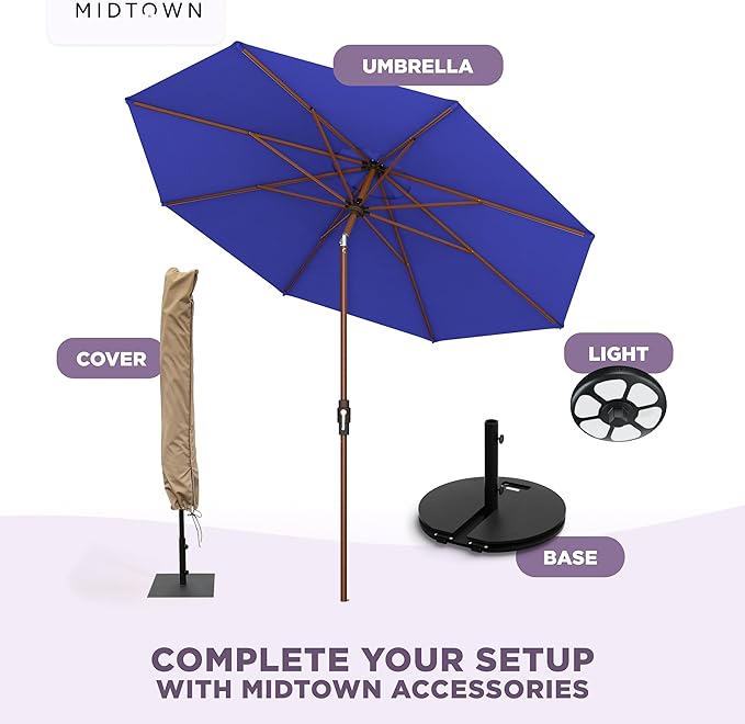Midtown Umbrellas Wooden 2-8 Ft Patio Umbrella with 360° Swivel & Tilt Mechanism, 8 Fiberglass Ribs & Terylast Polyester Fabric for Deck, Pool, Garden & Porch - Midnight Canopy, Wooden Pole